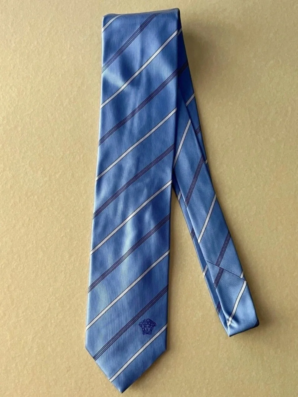 Versace Diagonal Stripe Blue Silk Medusa Logo‎ Mens Luxury Tie Made In Italy